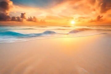 Fototapeta na wymiar Copy space of soft sand sea and blur tropical beach with sunset sky and cloud abstract background.