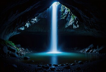 A waterfall cascading inside a cave, illuminated by a soft blue light, creating a mesmerizing and mystical atmosphere