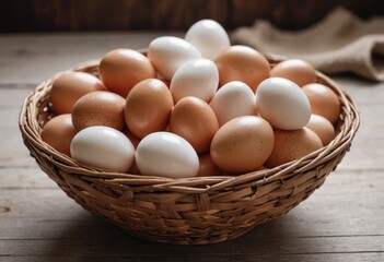 A wicker bowl filled with raw chicken eggs, set against a white background, ready for cooking