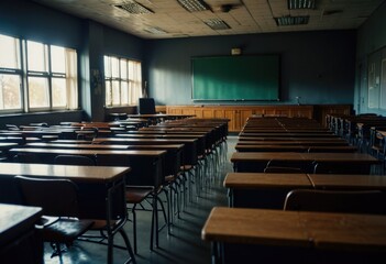 Against the blurred backdrop of an empty classroom by ai generated