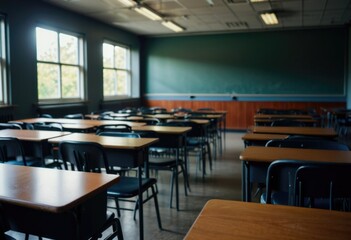 Against the blurred backdrop of an empty classroom by ai generated