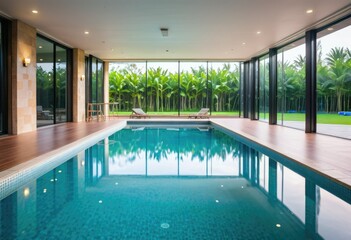 An indoor swimming pool featuring a backdrop of windows, offering a view of the surrounding scenery