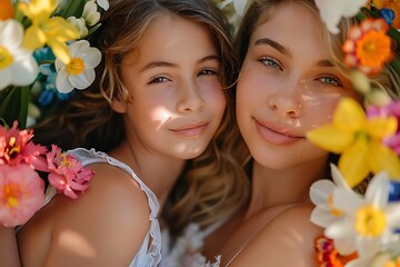 Spring Blossom Bond: Heartwarming Portrait of Mother and Daughter