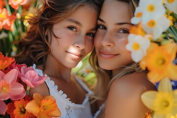 Mother and Daughter Amidst Spring Blossoms in Heartwarming Portrait