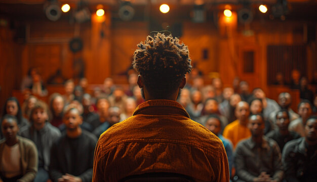 a life coach talking to an audience of diverse men and women. The audience faces the man 