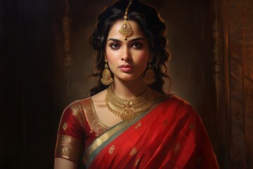 Kshatriya young woman draped in an elegant silk saree or lehenga, adorned with intricate jewelry and a bindi, emanating grace and regality characteristic of Kshatriya women - obrazy, fototapety, plakaty