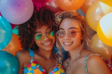 Portrait of Two Joyful Girls in Round Glasses Amidst Vibrant Inflatable Balloons