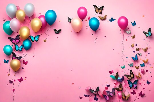 happy birthday banner background with butterflies and colored matalic balloons on a pink background. For a girl's birthday. The image is on the right with space for text on the left