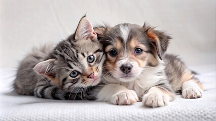 Puppy and kitten together on a white background, close-up