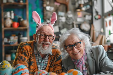 Portrait of Joyful Elderly Couple, Both Wearing Glasses, Celebrating Easter with Office Decorations