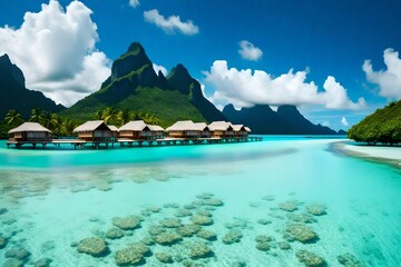 Luxury overwater villas on blue lagoon, white sandy beach and Otemanu mountain at Bora Bora island, Tahiti, French Polynesia. - obrazy, fototapety, plakaty