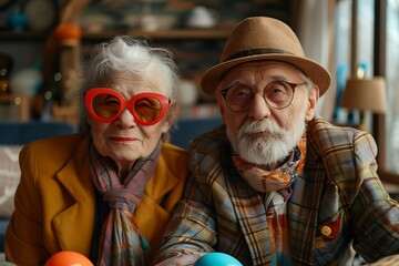 Portrait of Joyful Elderly Couple, Both Wearing Glasses, Celebrating Easter with Office Decorations