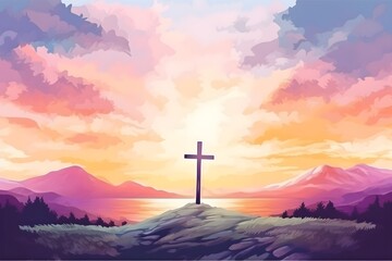 Watercolor cross on mountain and lake landscape background painting for religious wallpaper cover illustration graphic design