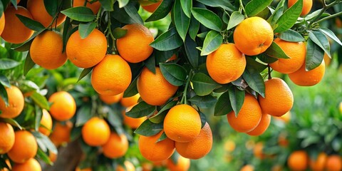 Ripe oranges on tree in orchard, closeup.