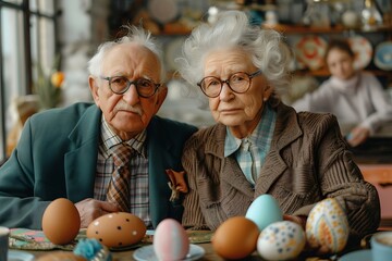 Cheerful Elderly Couple, Man and Woman, Delightfully Celebrating Easter Amidst Office Decorations and Festivities