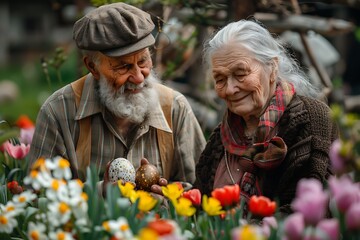 portrait shot of a happy elderly couple man and woman in a beautiful blooming spring garden