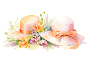 Watercolor pastel elegant woman hats and flowers painting background for spring clothing accessory fashion illustration