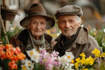 portrait shot of a happy elderly couple, man and woman, against the backdrop of a beautiful blooming spring garden
