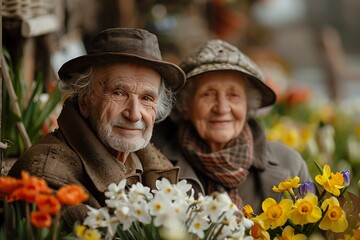 portrait shot of a happy elderly couple, man and woman, against the backdrop of a beautiful blooming spring garden