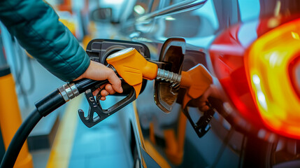 Close-up of a hand refueling a car with gasoline at a gas station. Gasoline or gas pumped into the engine. The concept of transport - obrazy, fototapety, plakaty