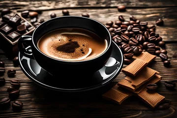 Poster hot coffee, tea or chocolate in black cup on wooden plank © Eun Woo Ai