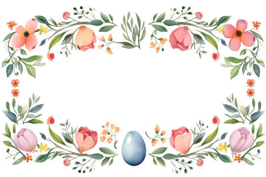 Watercolor ornamental Easter border background with spring flowers and eggs painting for wallpaper banner print