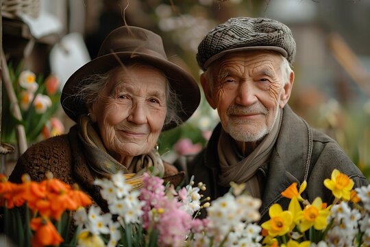 portrait shot of a happy elderly couple, man and woman, against the backdrop of a beautiful blooming spring garden - Powered by Adobe
