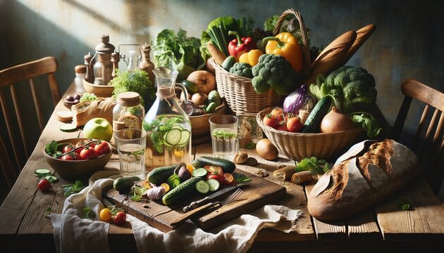a rustic farm-to-table dining setting, with a strong emphasis on realism and a raw photo aesthetic  modern, party, display, light, counter, friendship, people, glass, drink, part wallpaper background 