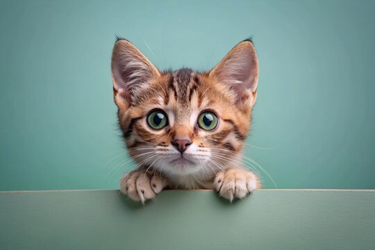 Cute kitten peeking out from behind the wall.