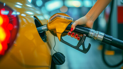 Close-up of the hand of a young woman with a red manicure filling her car with gasoline at a gas station. Gasoline or gas pumped into the engine. The concept of transport - obrazy, fototapety, plakaty