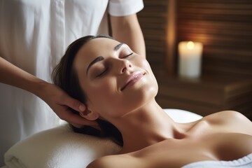 Obraz na płótnie Canvas Photo of Spa relaxation Client enjoying a soothing head massage treatment