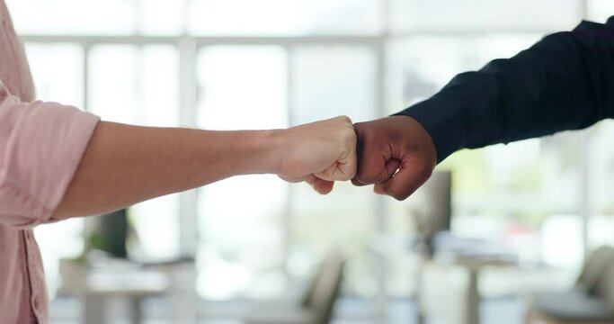 Fist bump, hands and business people with partnership in office, collaboration and teamwork for project. Professional, workforce and friends with trust or unity in creative company for proposal