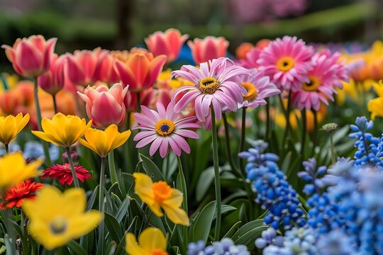 photograph of beautiful Easter flowers in a European garden generated by AI