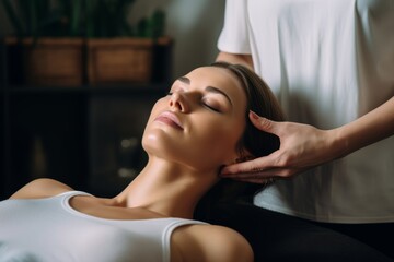 
Female Therapist providing head massage to alleviate tension and promote circulation - obrazy, fototapety, plakaty