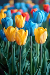 beautiful bouquet of blue and yellow tulips on a blue background generated by AI