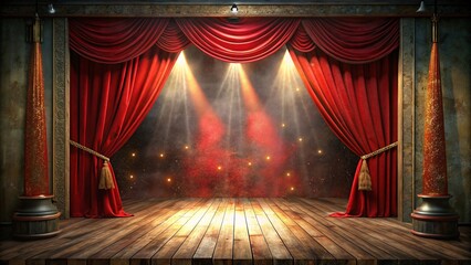 Red stage curtain with spotlights and wooden floor
