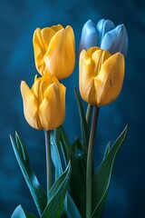 beautiful bouquet of blue and yellow tulips on a blue background generated by AI