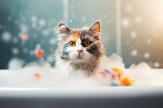 confused cat with paint colored fur in soap in bathtub . cat grooming concept