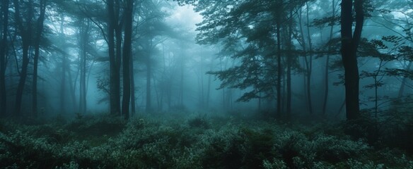 Enchanting Misty Forest Scene with Lush Greenery and Mysterious Atmosphere Captured in Ethereal Morning Light