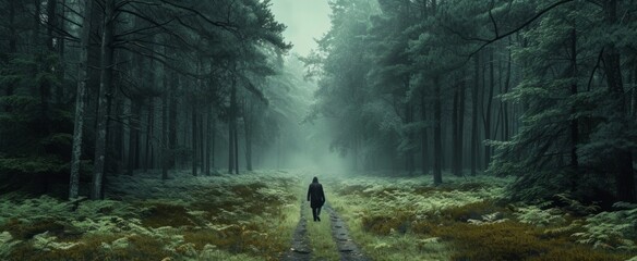 Mysterious Wanderer Venturing Through a Fog-Enshrouded Forest Path Amidst Majestic Pine Trees and Lush Ferns at Dawn