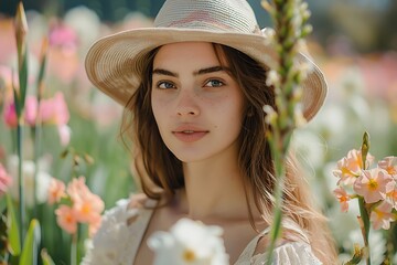 portrait of a young beautiful girl with a field of spring flowers in the background generated by AI