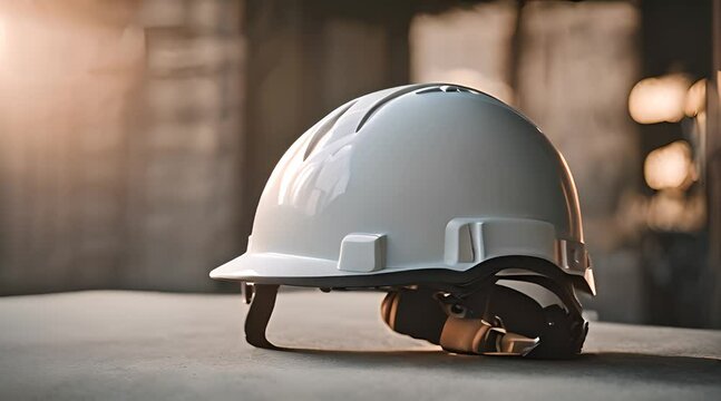 Close up cinematic scene of a white safety helmet for project manager, project supervisor, engineer, and foreman with blur background