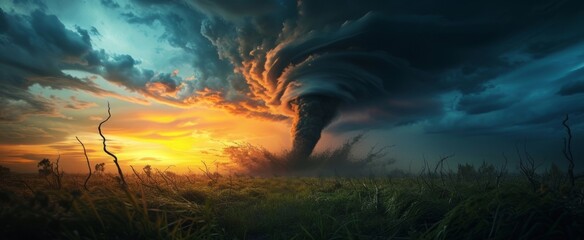 Majestic Nature's Fury Captured at Twilight: A Tornado Descends Upon a Serene Landscape Amidst a Fiery Sunset Sky