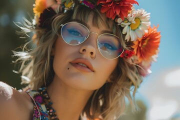 Portrait of a young beautiful girl wearing glasses with a wreath of spring flowers on her head generated by AI