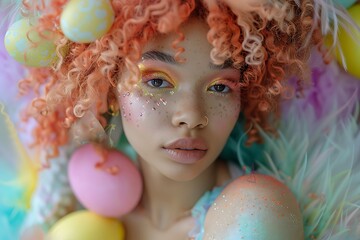 portrait of a young beautiful girl in the background of colorful balloons created by AI