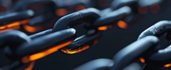 Close-up View of Sturdy Metal Chains with a Single Glowing Link Illuminated in Orange - Concept of Strength, Connection, and Individuality