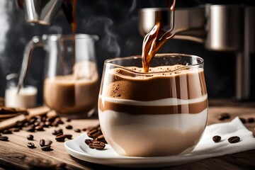 close up view of coffee mixing with milk in glass, panoramic shot - obrazy, fototapety, plakaty