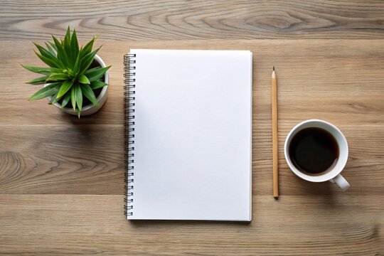 Blank notebook with pencil and cup of coffee on wooden table, top view.