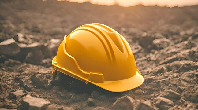 Close up cinematic scene of a yellow safety helmet of a project worker on the ground with blur background. 1st May Labour day celebration