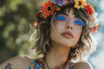 Portrait of a young beautiful girl wearing glasses with a wreath of spring flowers on her head generated by AI